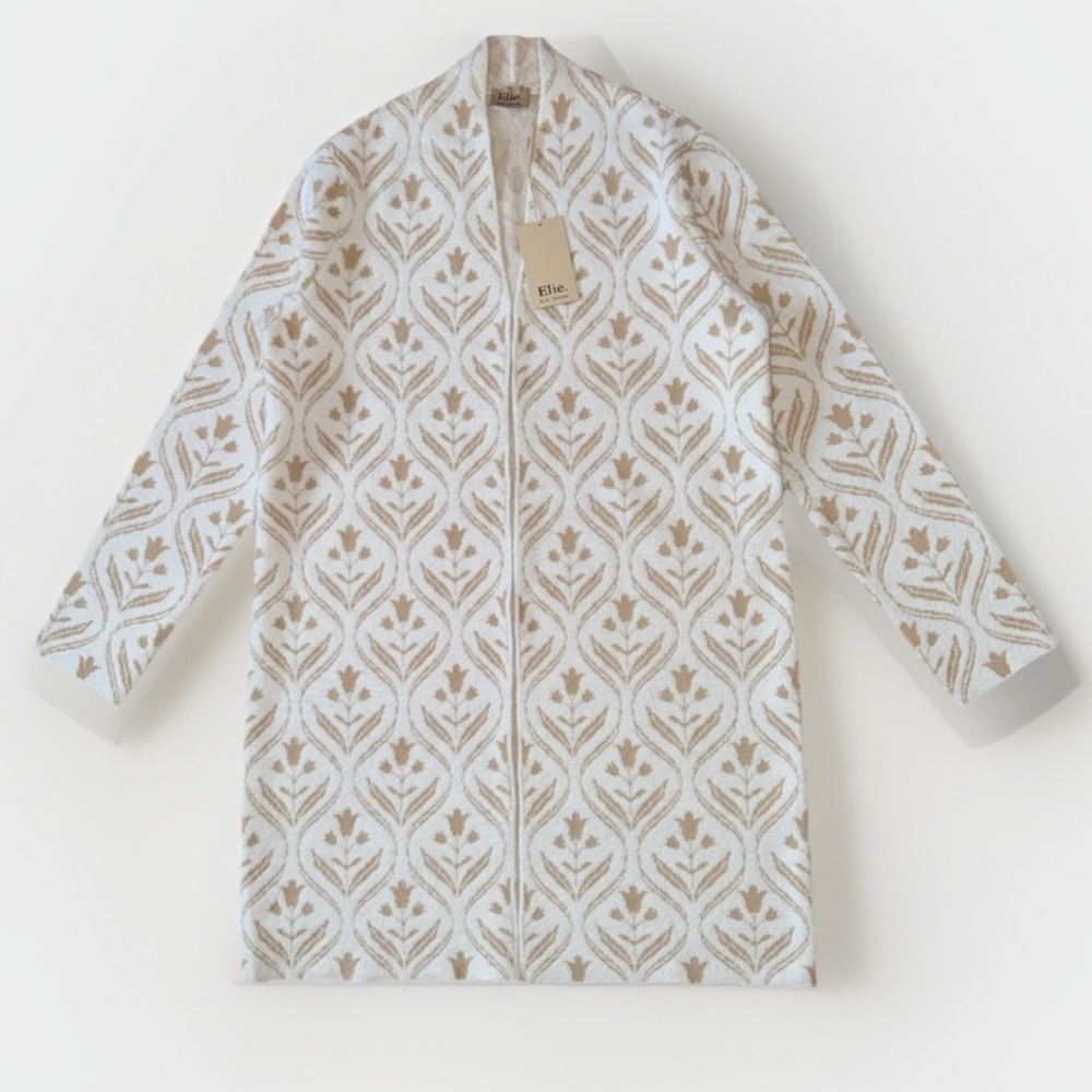 Elie Tahari Women’s S Open Front Cardigan Sweater Coat White Beige Elegan Floral